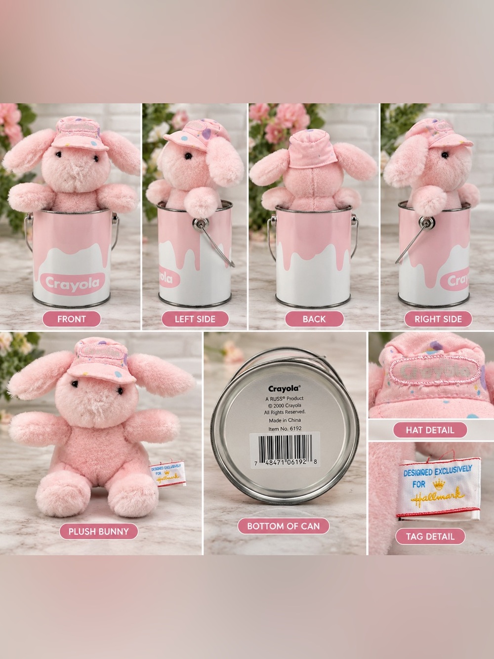 VTG 1989 Hallmark Crayola Pink Easter Bunny 9” Plush Paint Can Heartline